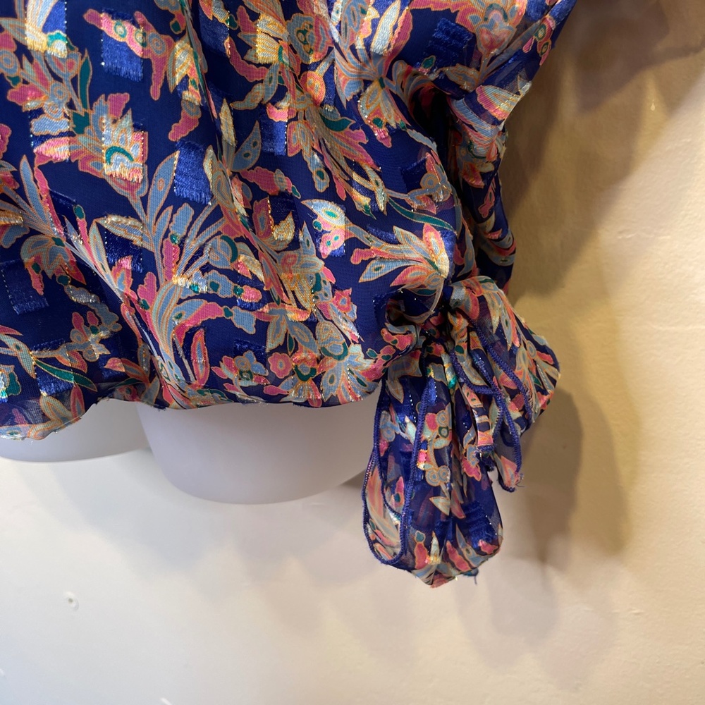 Sia Sia NY VTG Mesh Overlay Check Print Metallic Threading Side Tie Knot Blouse - Picture 10 of 17